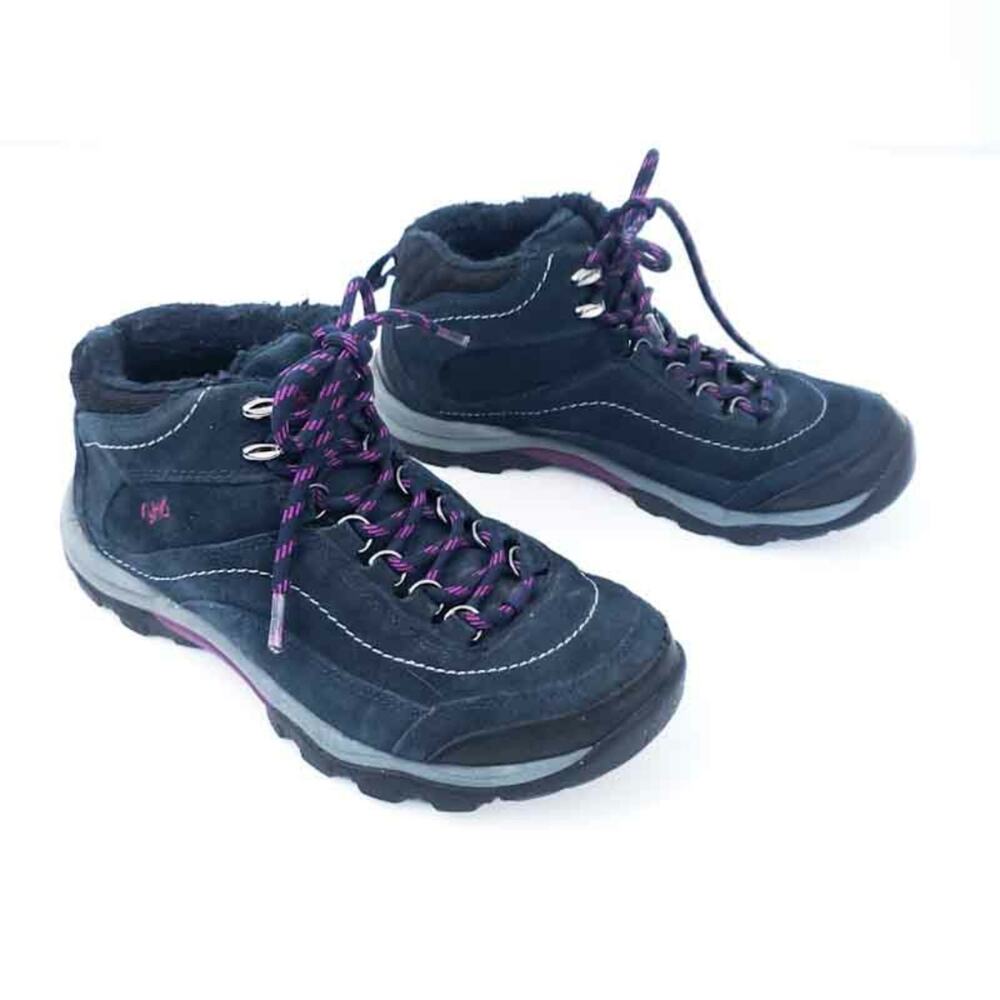 Ryka Canyon Shearling Suede Leather Hiking Boots Size 6.5 Navy, Purple Ties